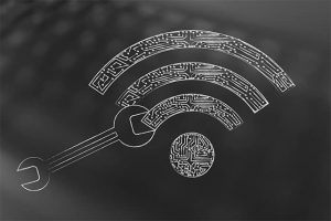 An image featuring the Wi-Fi logo with an tool next to it representing changing Wi-Fi password