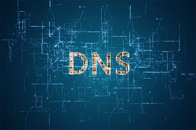 An image featuring DNS text in the middle with a blue background